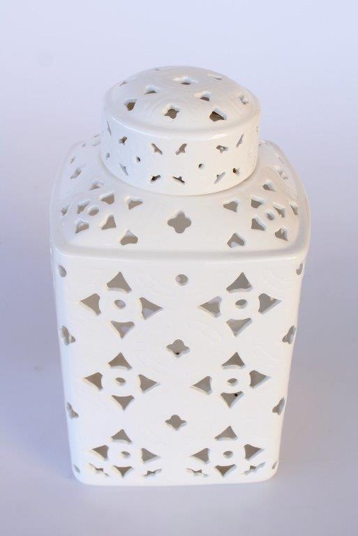 Large White Cut-Out Square Jar With Lid